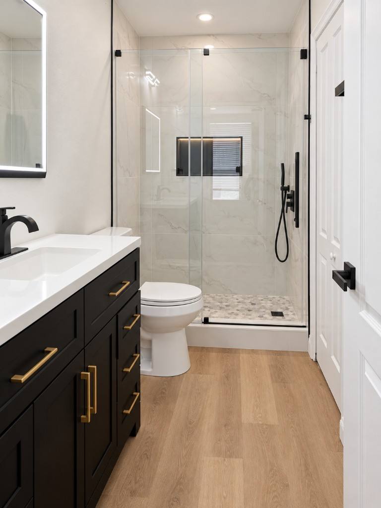 Modern bathroom remodel with black vanity and glass shower