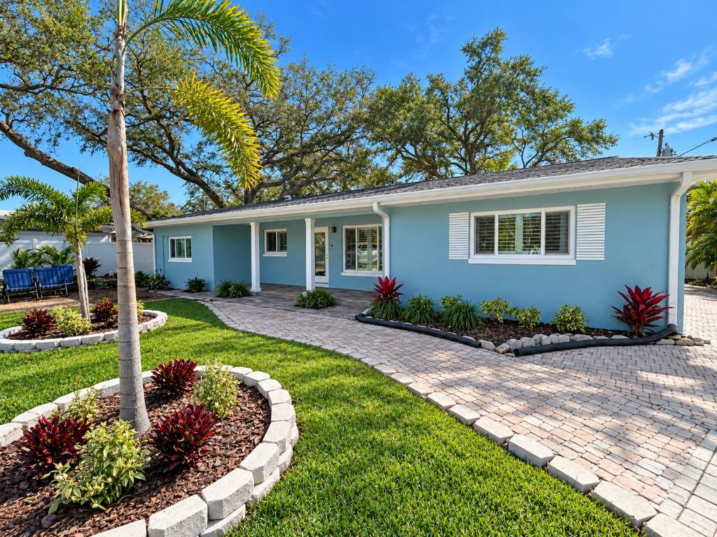 Blue stucco home exterior paint and curb appeal update