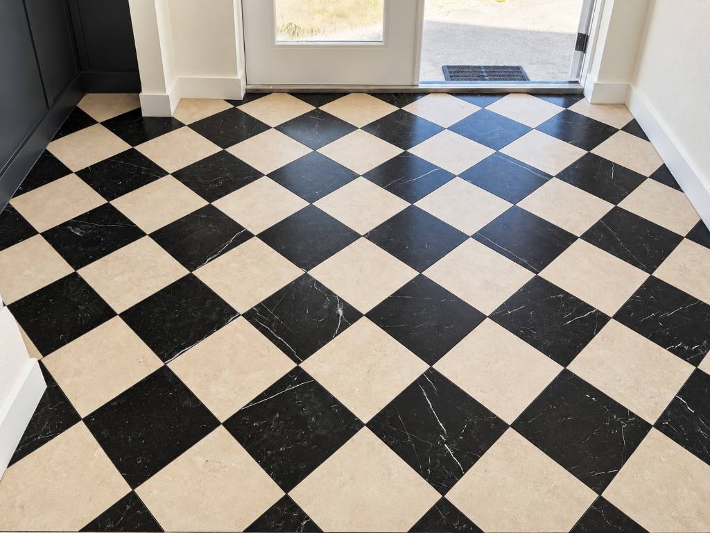 Diagonal black and cream checkerboard tile flooring