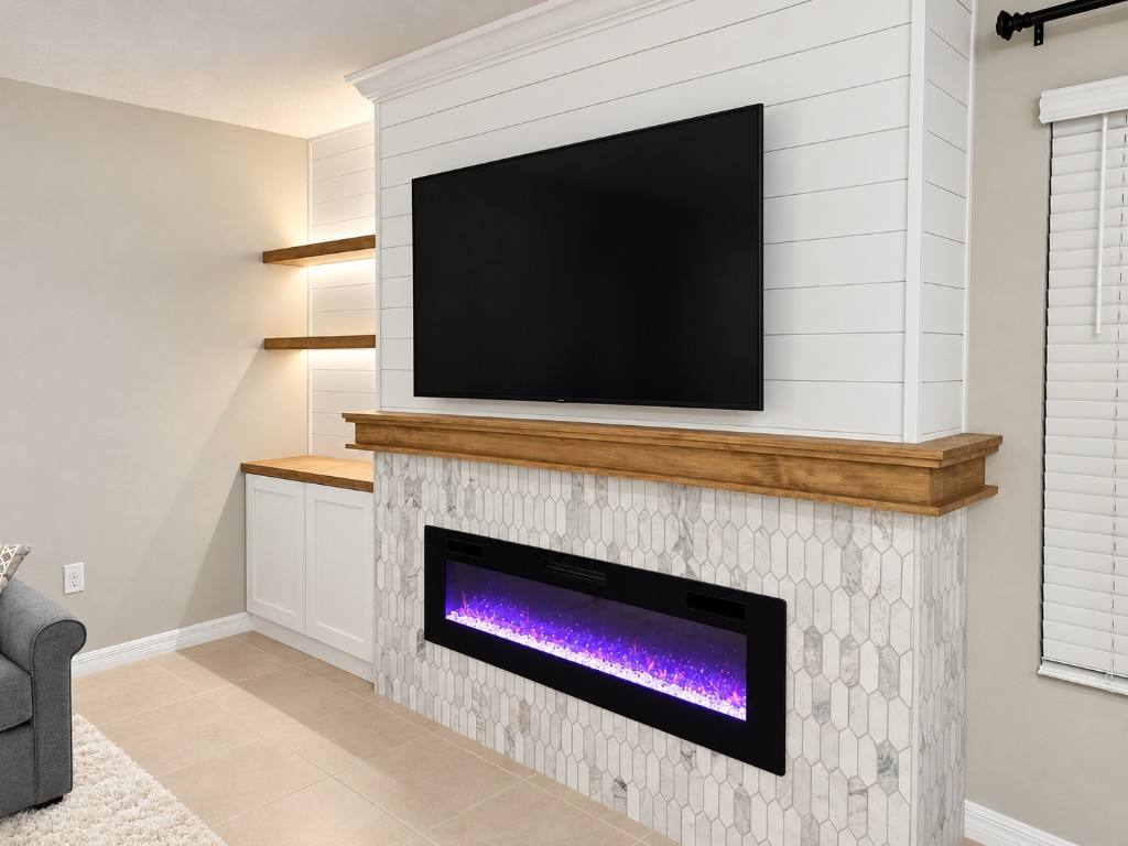 Custom fireplace media wall with shiplap and shelving