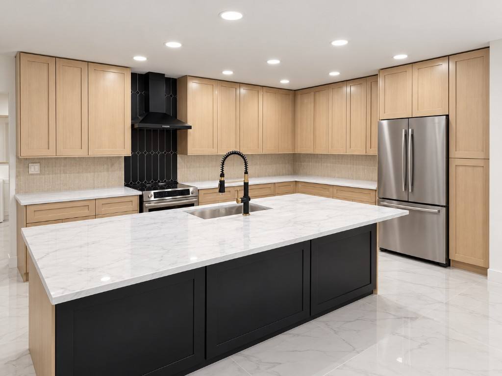 Kitchen remodel with island sink and wood cabinets