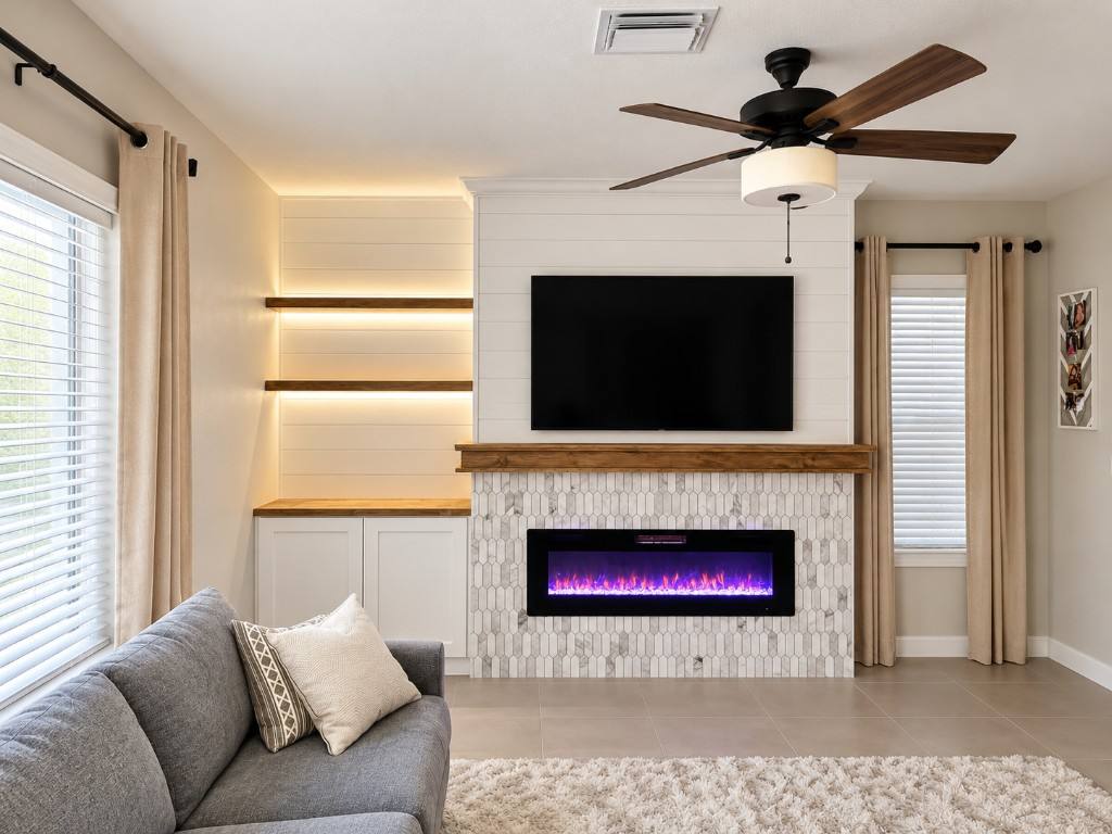 Living room remodel with fireplace and custom built-ins