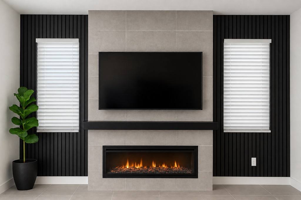 Modern tiled fireplace and TV wall with black slat accents